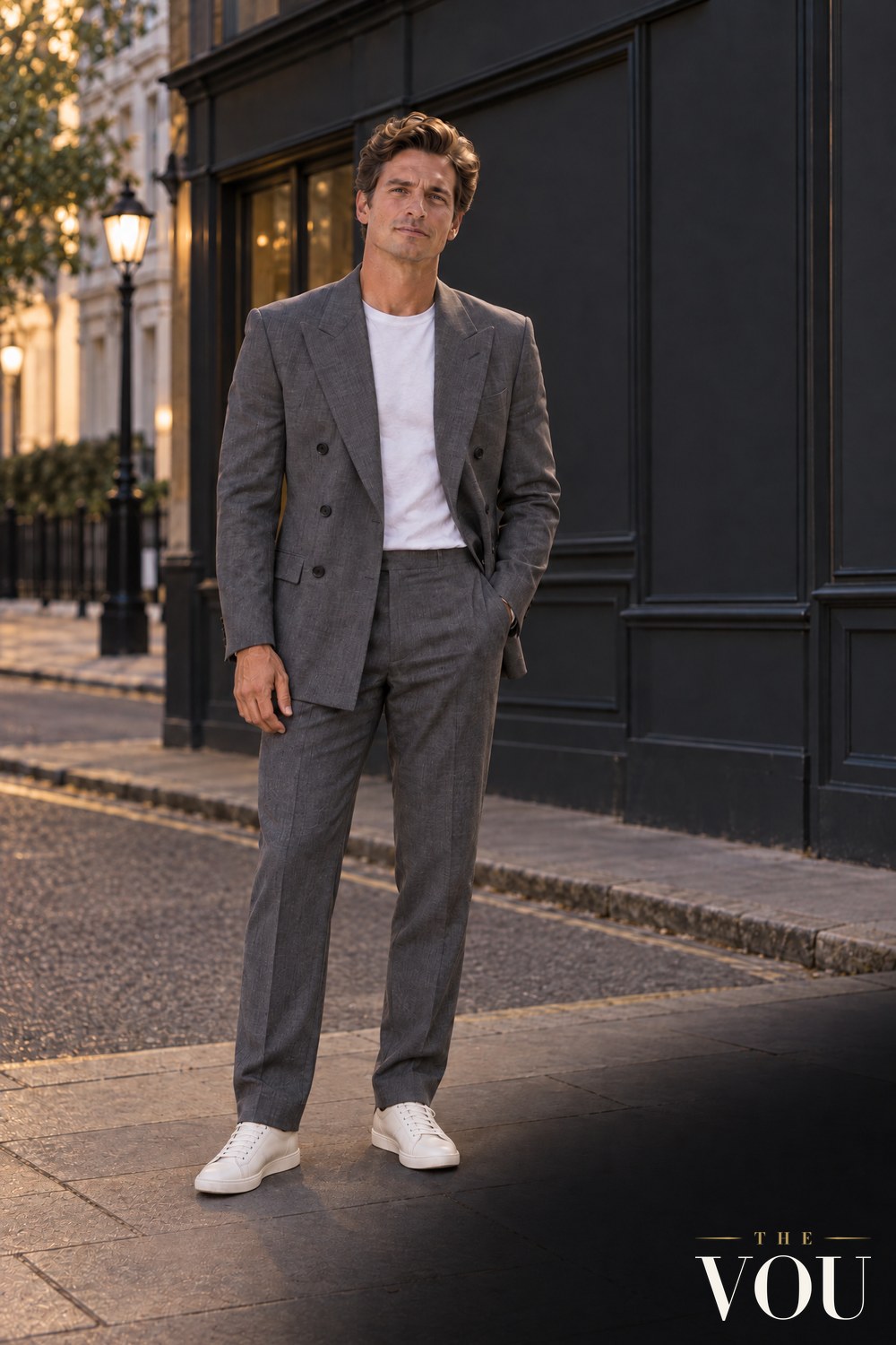 A man in a slate-grey double-breasted suit with strong shoulders, a white T-shirt and white leather trainers on a city street at dusk.
