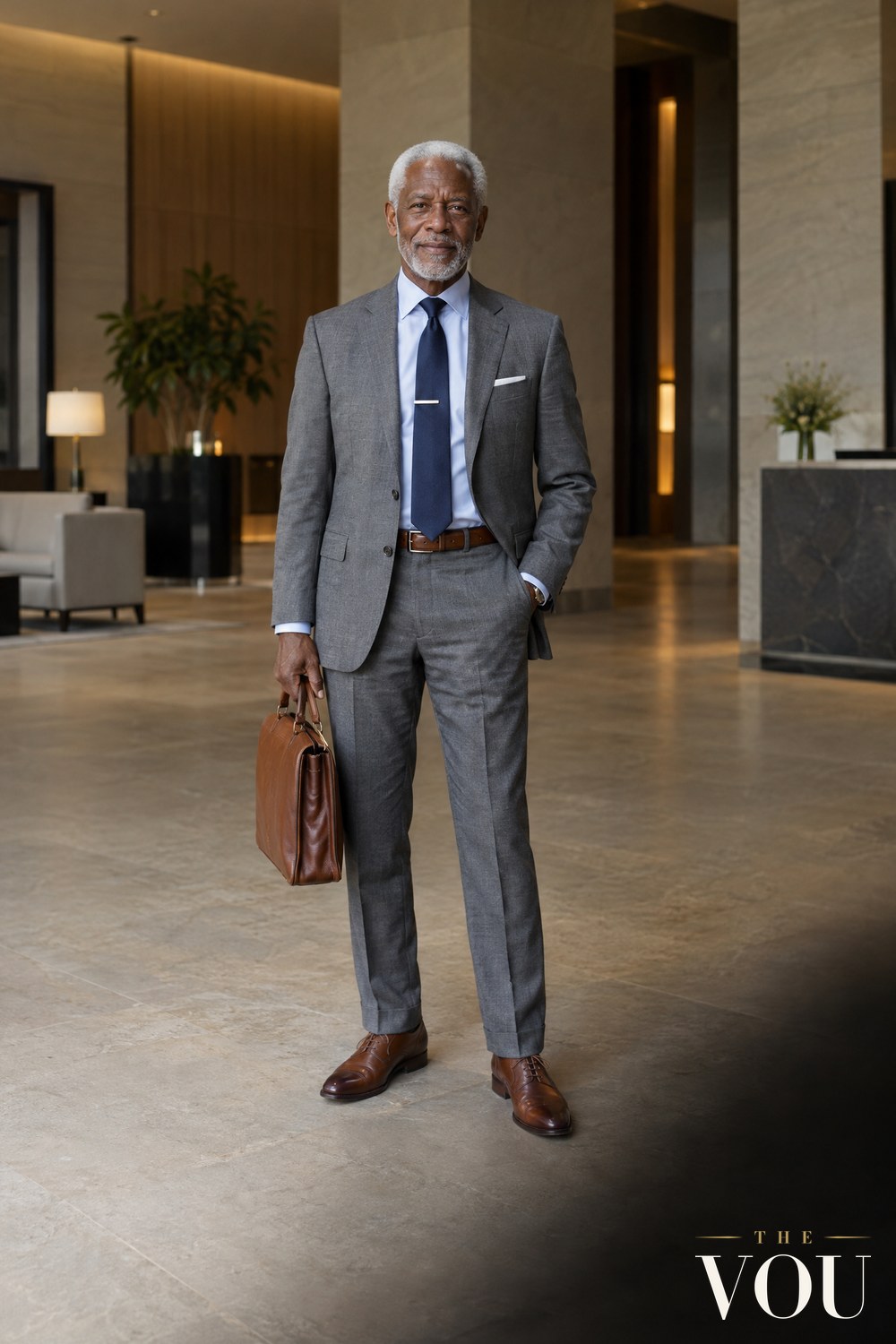 A man with white hair and a white beard in a grey suit wearing a navy tie with a silver tie bar, a white pocket square and a brown belt, holding a tan leather briefcase.