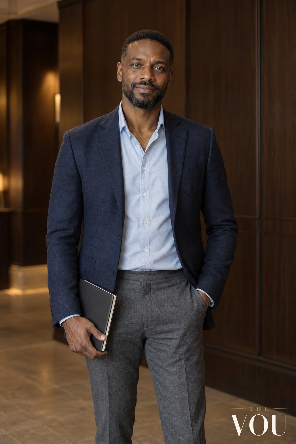 A man in a navy blazer, light blue open-collar shirt and grey wool trousers holding a notebook in the foyer of a conference venue.