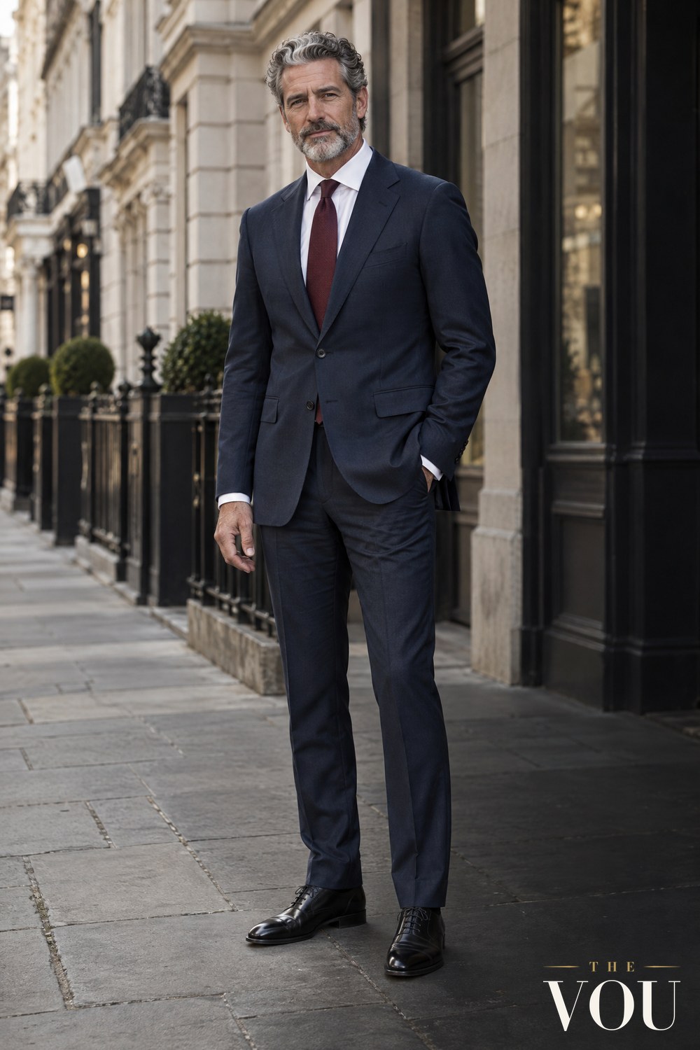 Man wearing a navy wool suit, white shirt, burgundy tie and black Oxford shoes on a stone-fronted city street.