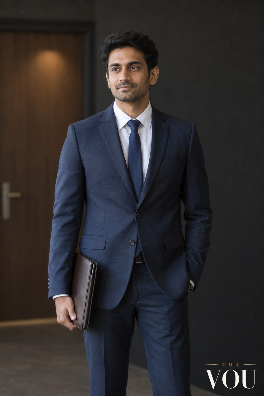 A man in a navy suit, white shirt and navy tie holding a leather document folio while he waits for a job interview in an office reception.