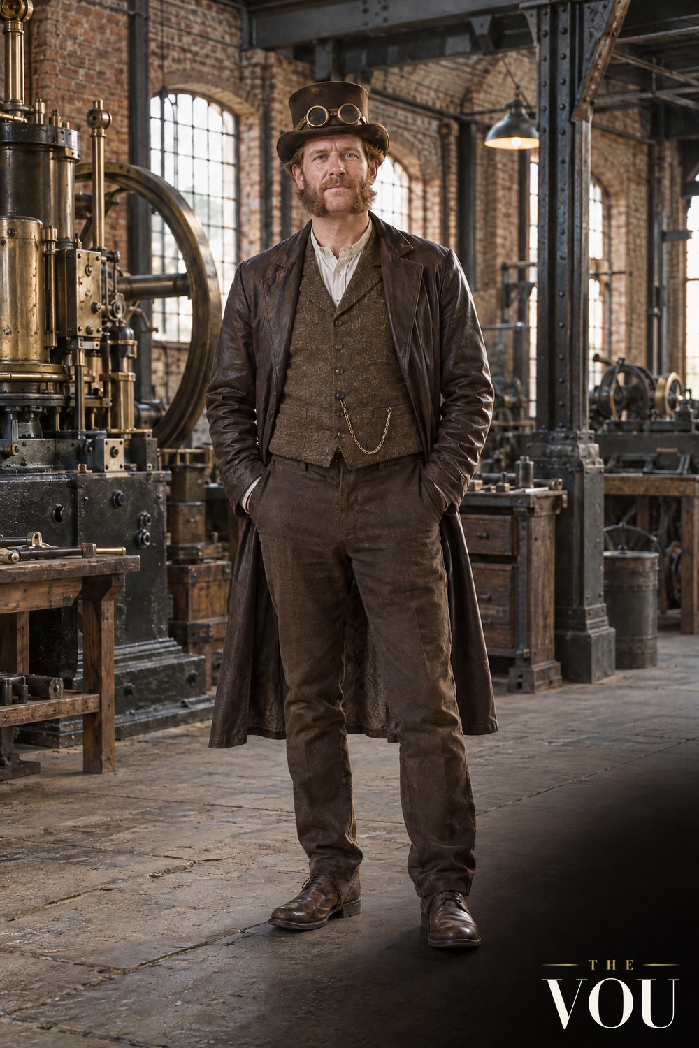 A man in a long brown leather coat, tweed waistcoat, collarless shirt and top hat with brass goggles in a Victorian workshop.