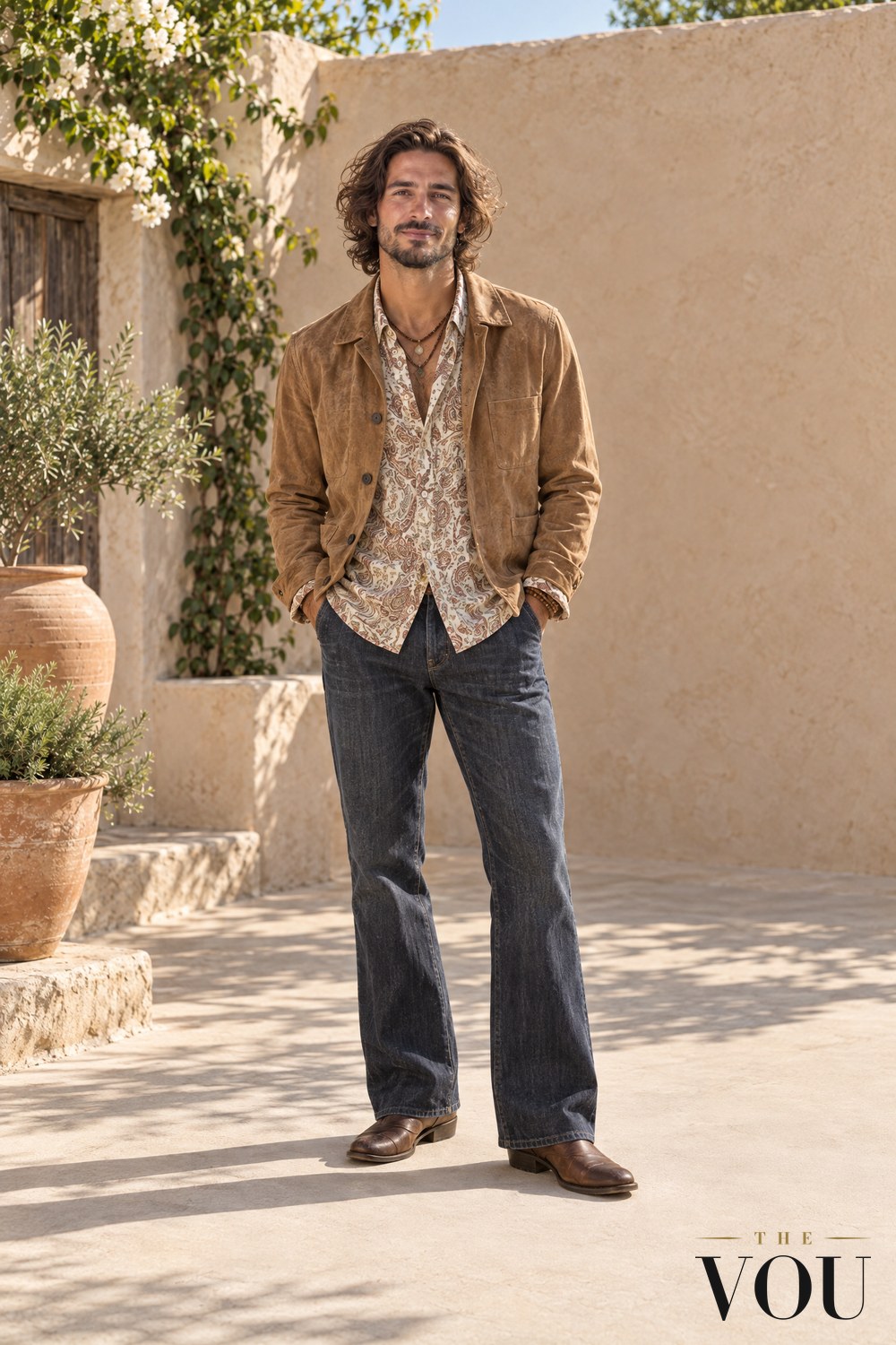 A man in a tan suede jacket over a paisley shirt with layered necklaces, dark flared jeans and brown leather boots in a sunlit courtyard.