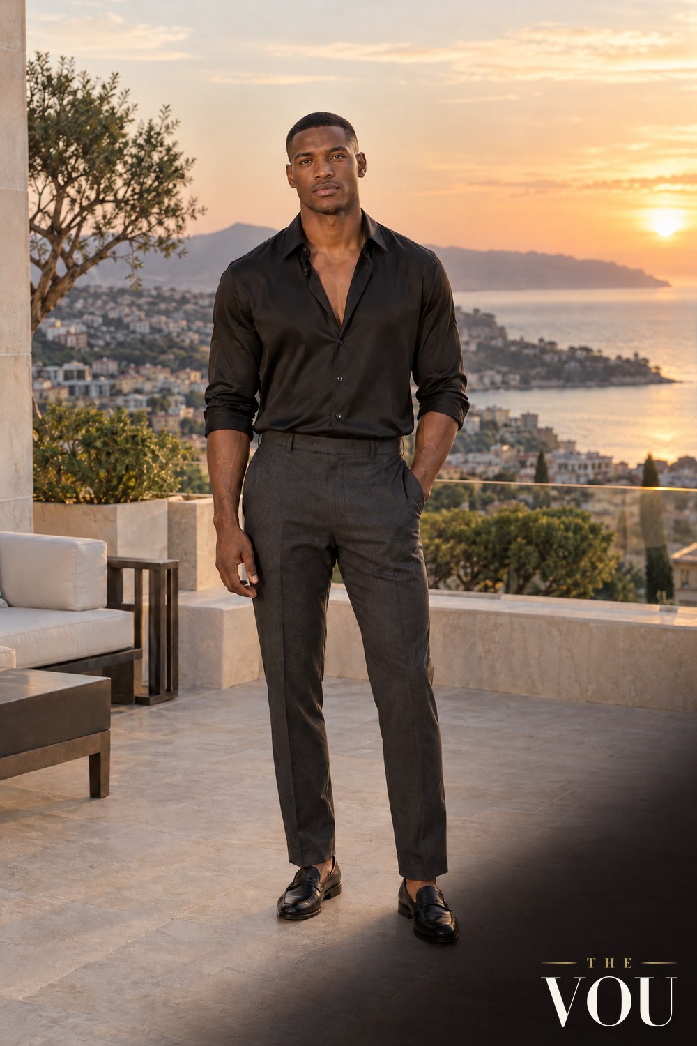 A man in an open-collar black shirt, charcoal trousers and black loafers on a hotel terrace above the sea at sunset.