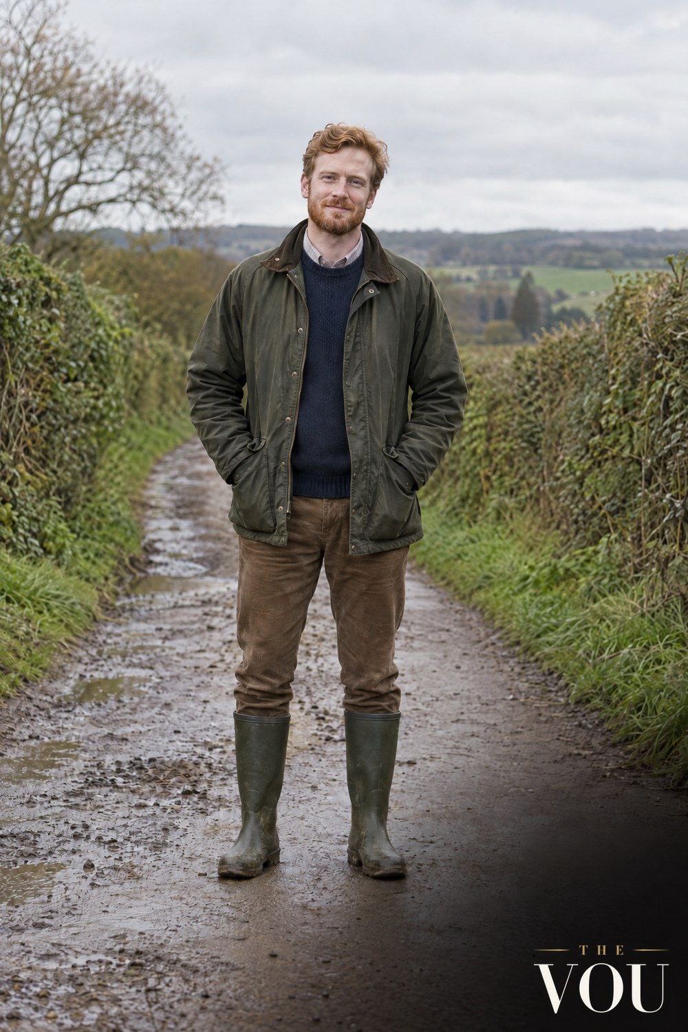 A man in tall green wellington boots, an olive waxed jacket, navy jumper and brown cords on a muddy country lane.