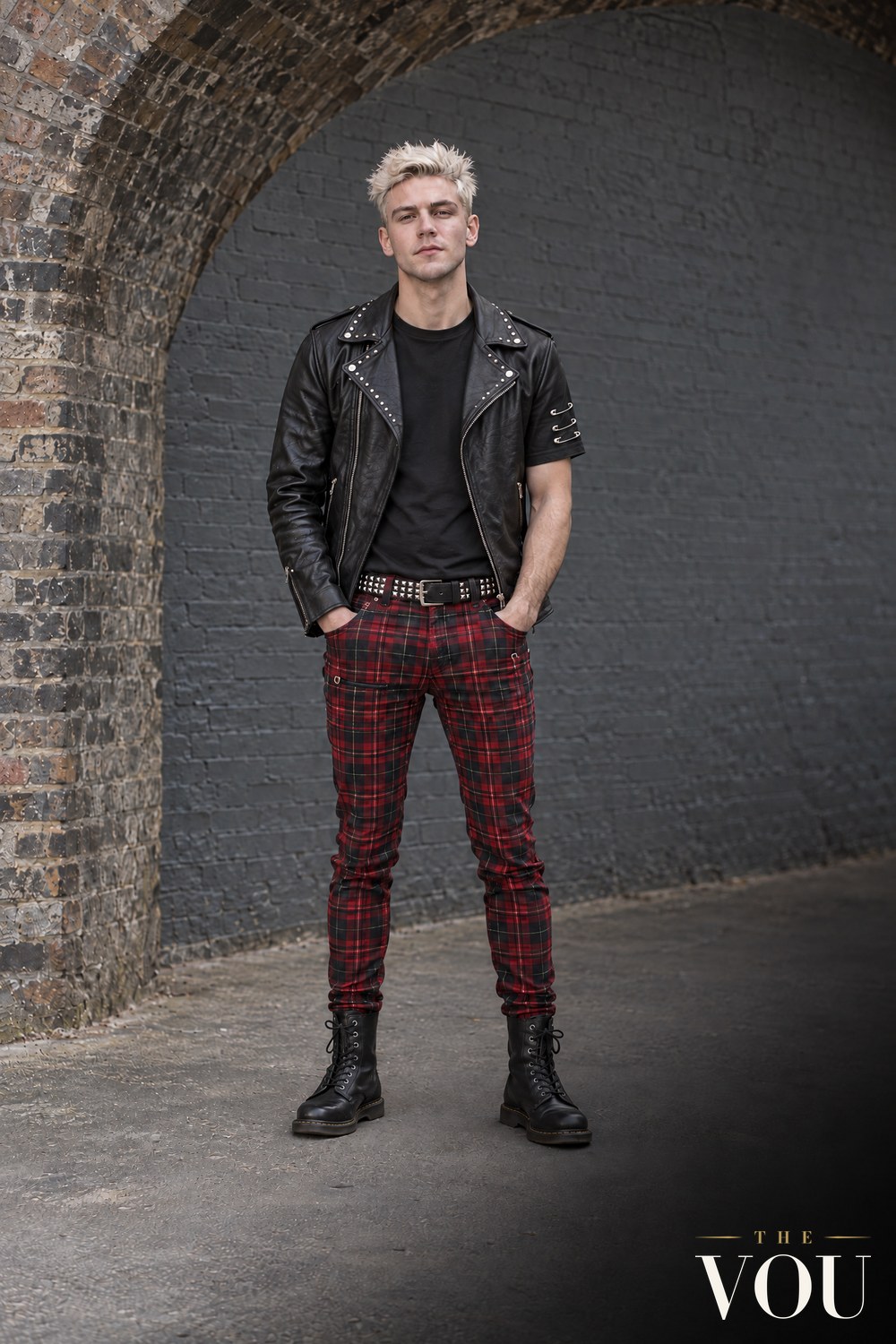A man with spiky bleached hair in red-and-black tartan trousers, a black T-shirt with safety pins, a studded leather jacket and black boots.