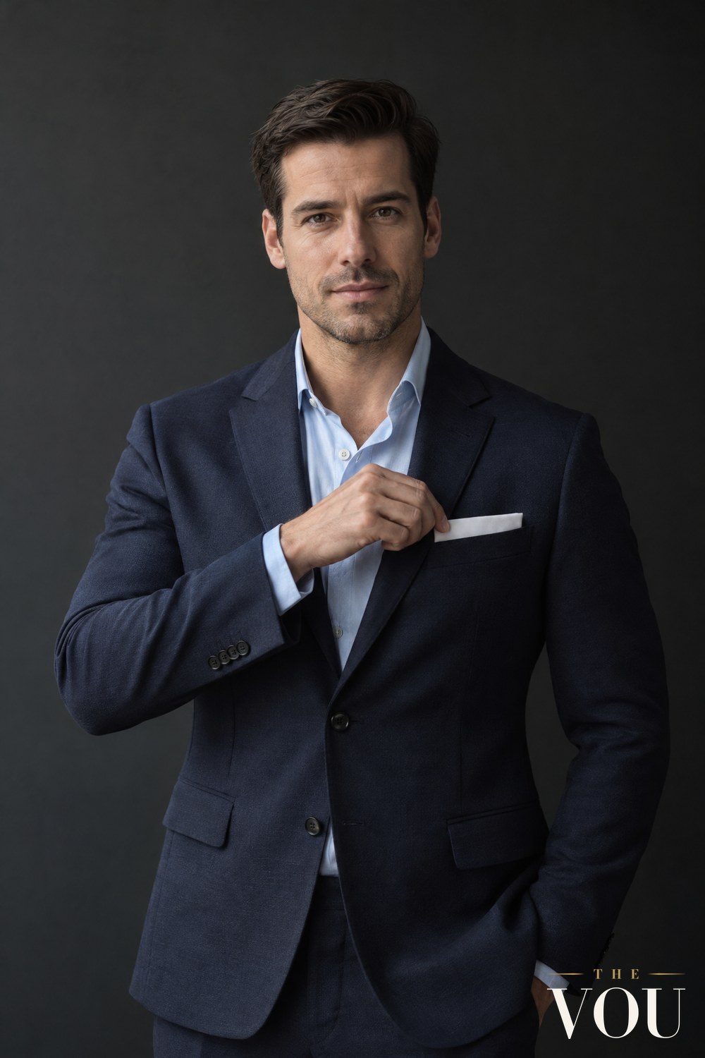 A man in a navy suit jacket and light blue shirt sliding a white linen pocket square, folded flat, into his breast pocket.