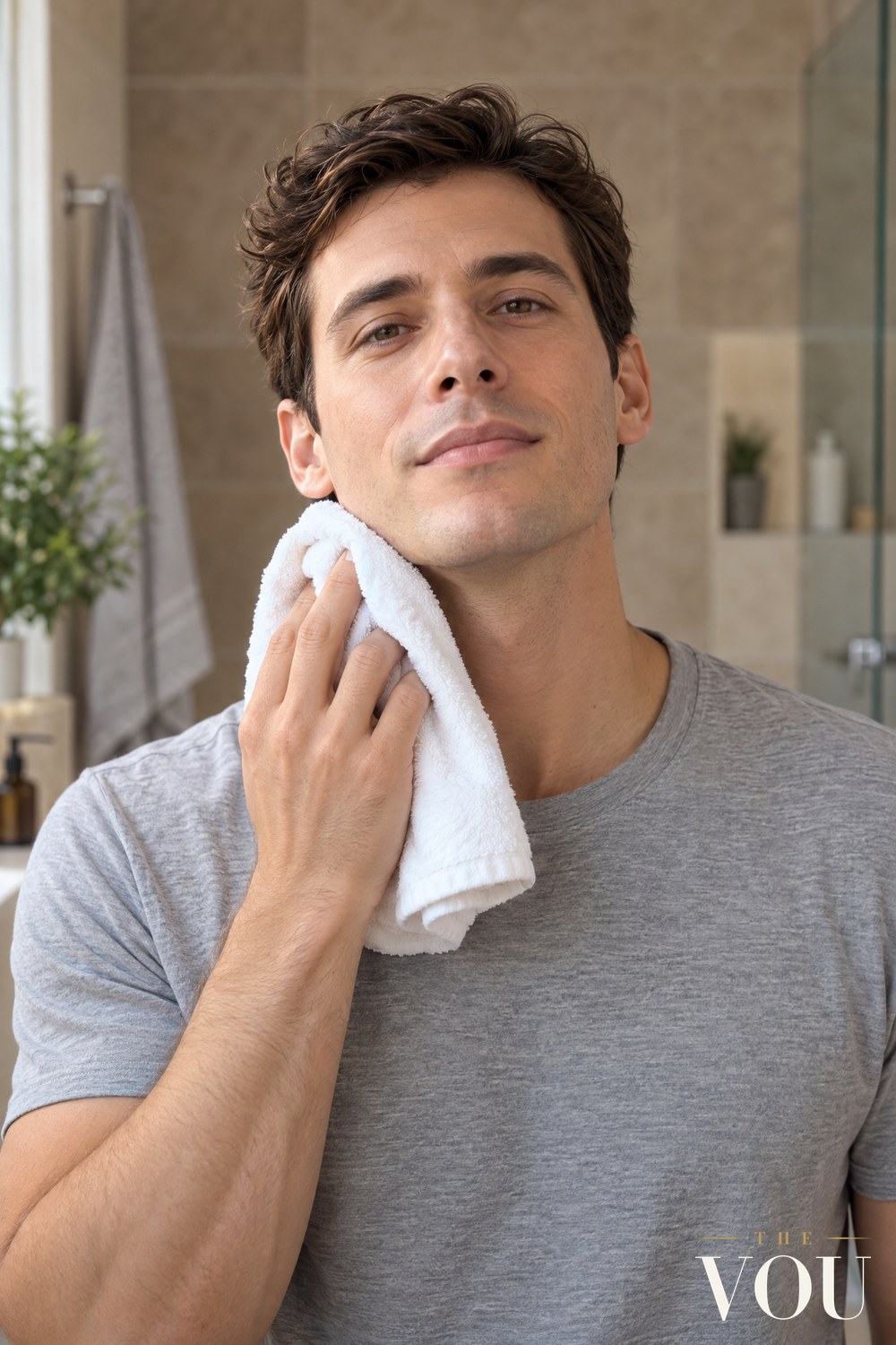 A clean-shaven man pressing a folded white towel to his freshly shaved jaw and neck in a bathroom, wearing a grey T-shirt.