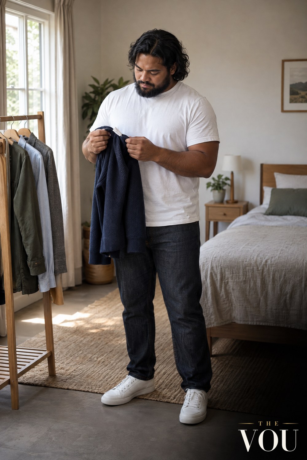 A man with jaw-length black wavy hair and a short beard in a white T-shirt and dark jeans reading the care label inside a navy wool jumper beside a small clothes rail.