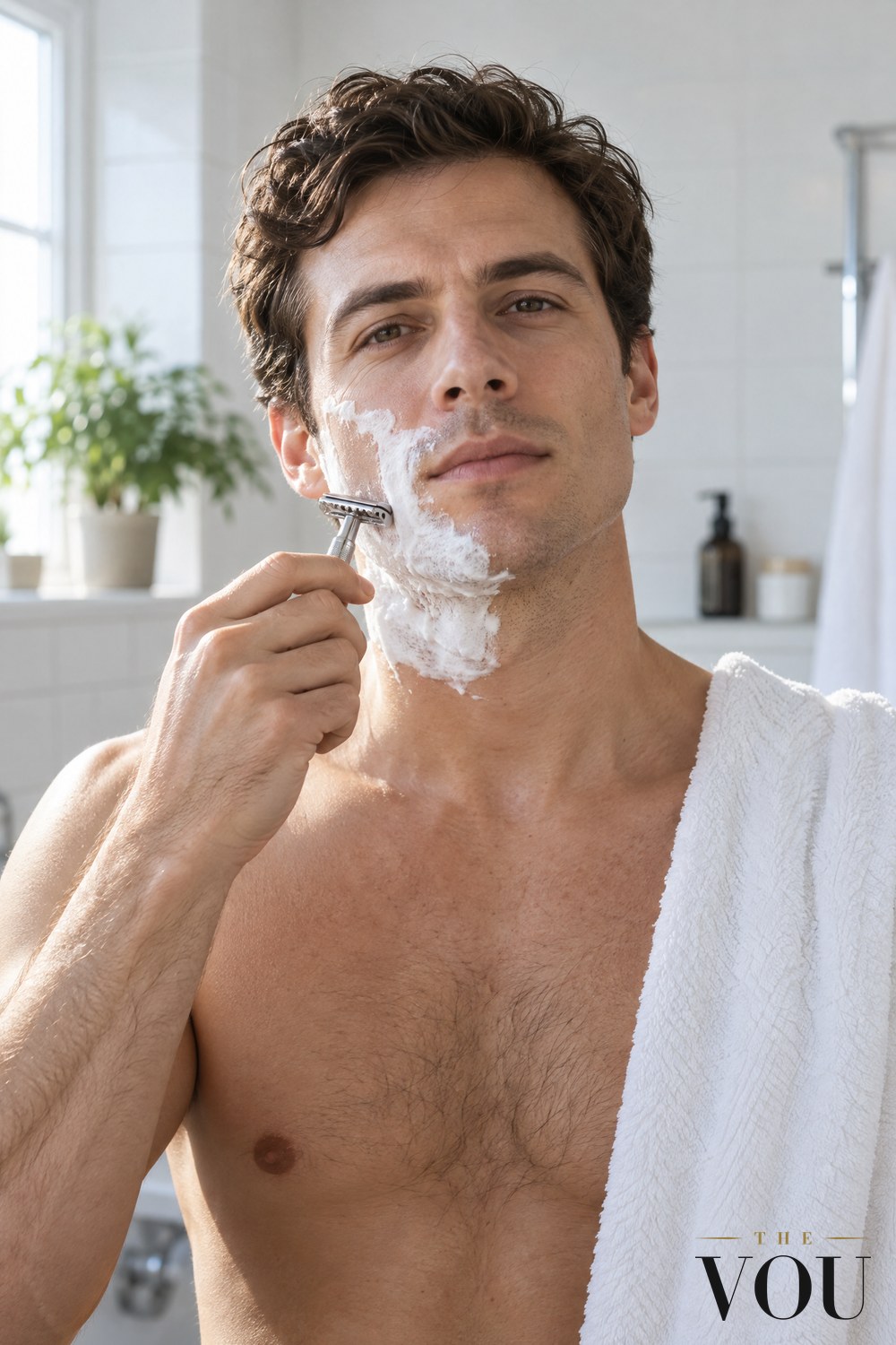 A man shaving his face with a chrome double-edge safety razor, white lather on his cheek and jaw, a towel over his shoulder, in a bright bathroom.
