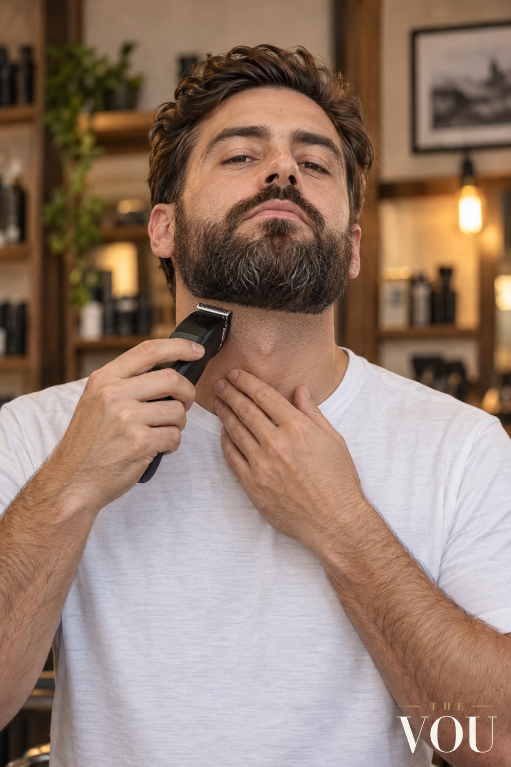 A man with a full medium beard trimming the neckline under his jaw with a cordless beard trimmer, chin raised, wearing a white T-shirt.