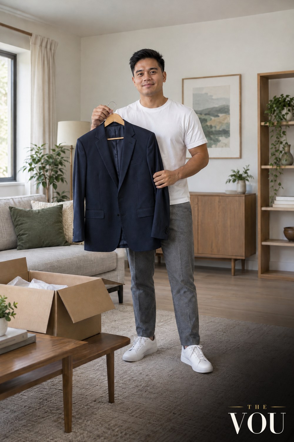 A man in a white T-shirt holding up a navy suit on a hanger beside an open garment delivery box in his living room.