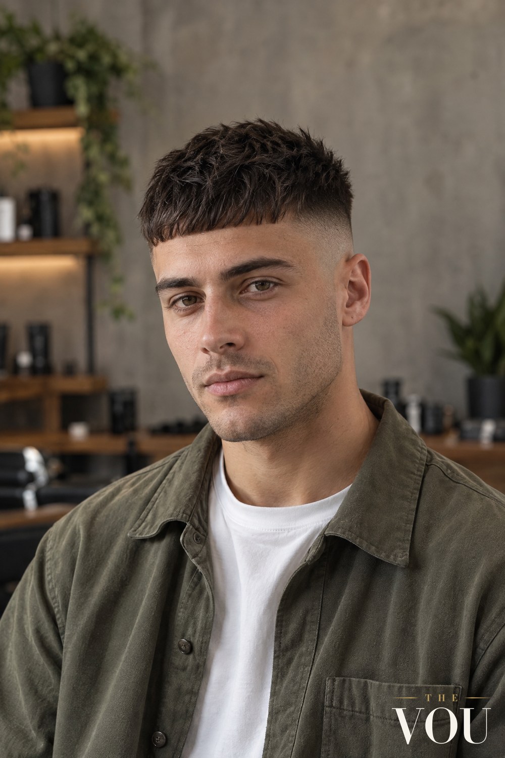 A man with a French crop, short textured hair pushed forward into a straight fringe with a high fade at the sides, in a barbershop.