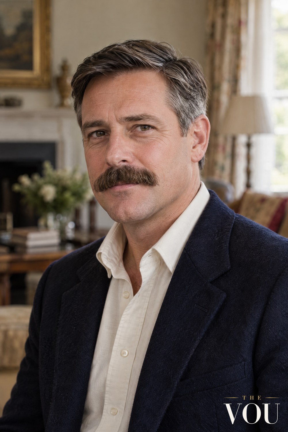 A man with a full chevron moustache trimmed along the top lip and an otherwise clean-shaven face, wearing a navy blazer over a cream shirt.