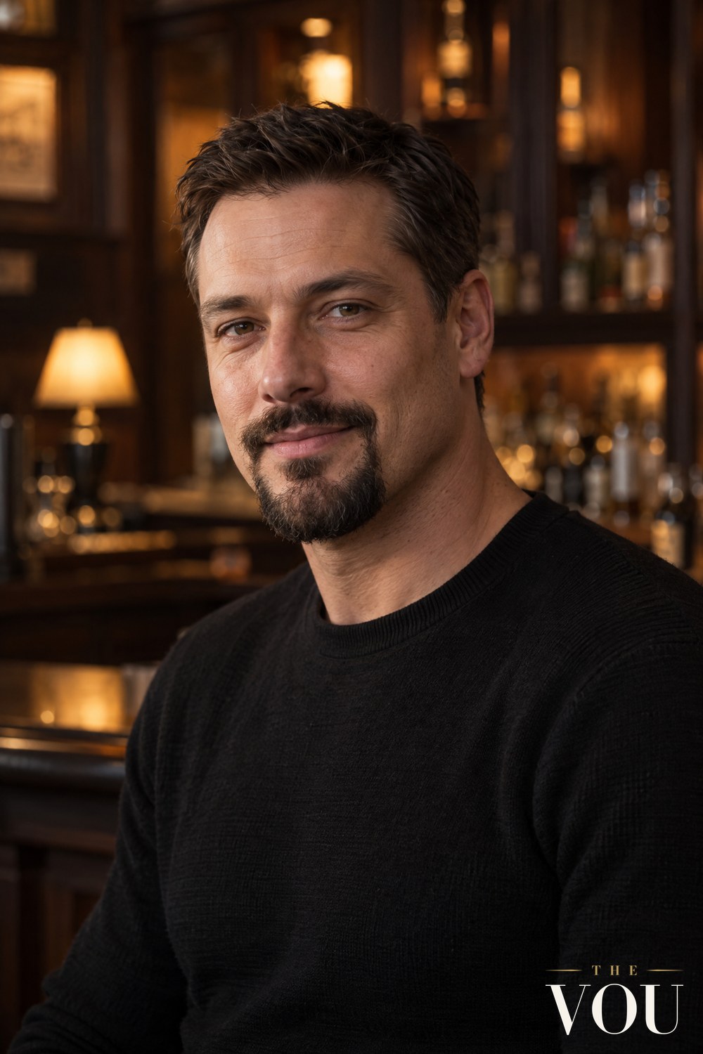 A man with a circle beard, a moustache joined to a rounded chin beard with clean-shaven cheeks, wearing a black knit in a wood-panelled bar.