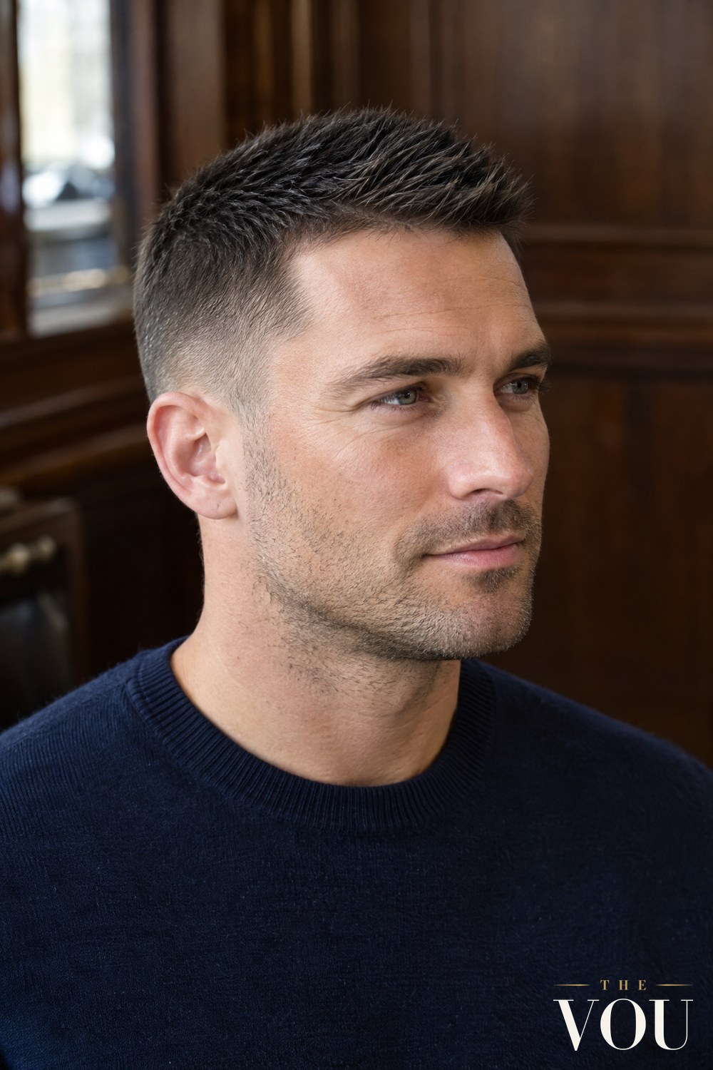 Man with a classic crew cut, short tapered sides and a short top that is longest at the front