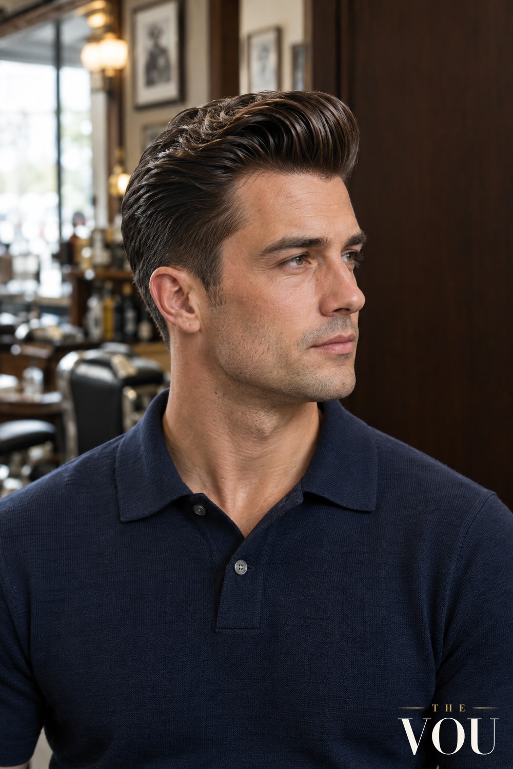 A man with a classic pompadour, the hair on top swept up and back into a high, glossy wave over short tapered sides, in a barbershop.
