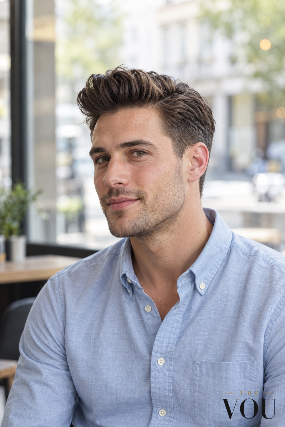 A man with a classic quiff, the front hair lifted up and back with a matte finish over tapered sides, wearing a light blue oxford shirt.