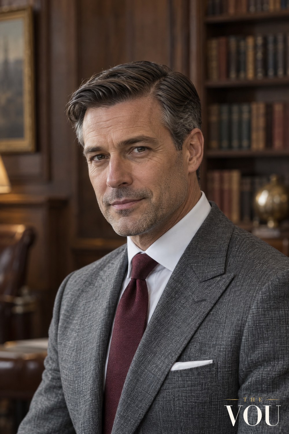 A man with a classic side part, the hair combed neatly to the side over short tapered sides, wearing a grey flannel suit and burgundy tie.