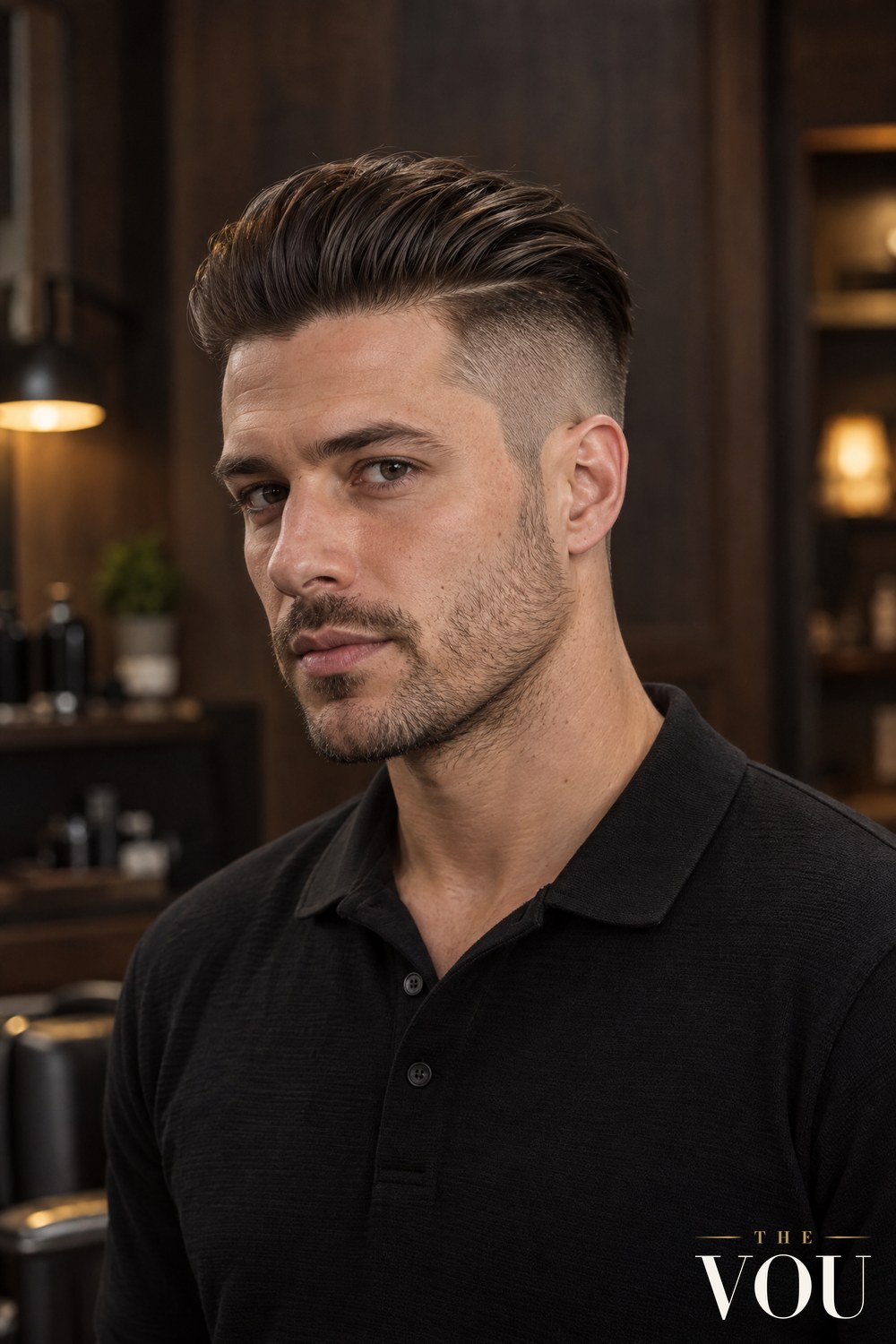 A man with a disconnected undercut, the sides clipped short below a sharp line and the long hair on top combed back, in a barbershop.