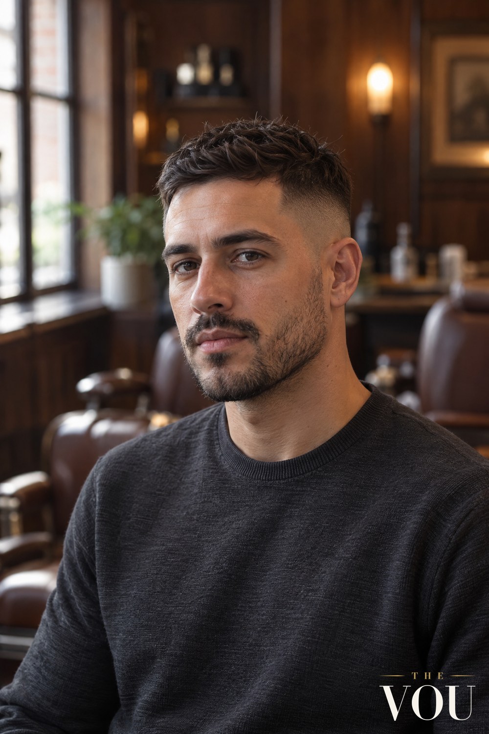 A man with a mid skin fade, the sides fading from bare skin above the ears into a short textured crop on top, in a barbershop.