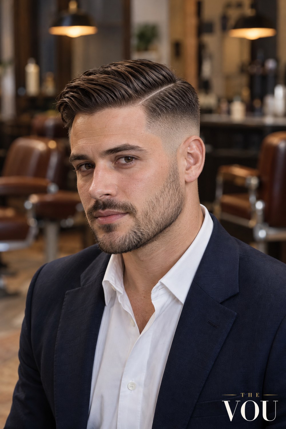 A man with a modern comb over, a shaved hard part and a low skin fade, the hair on top combed to the side, in a barbershop.