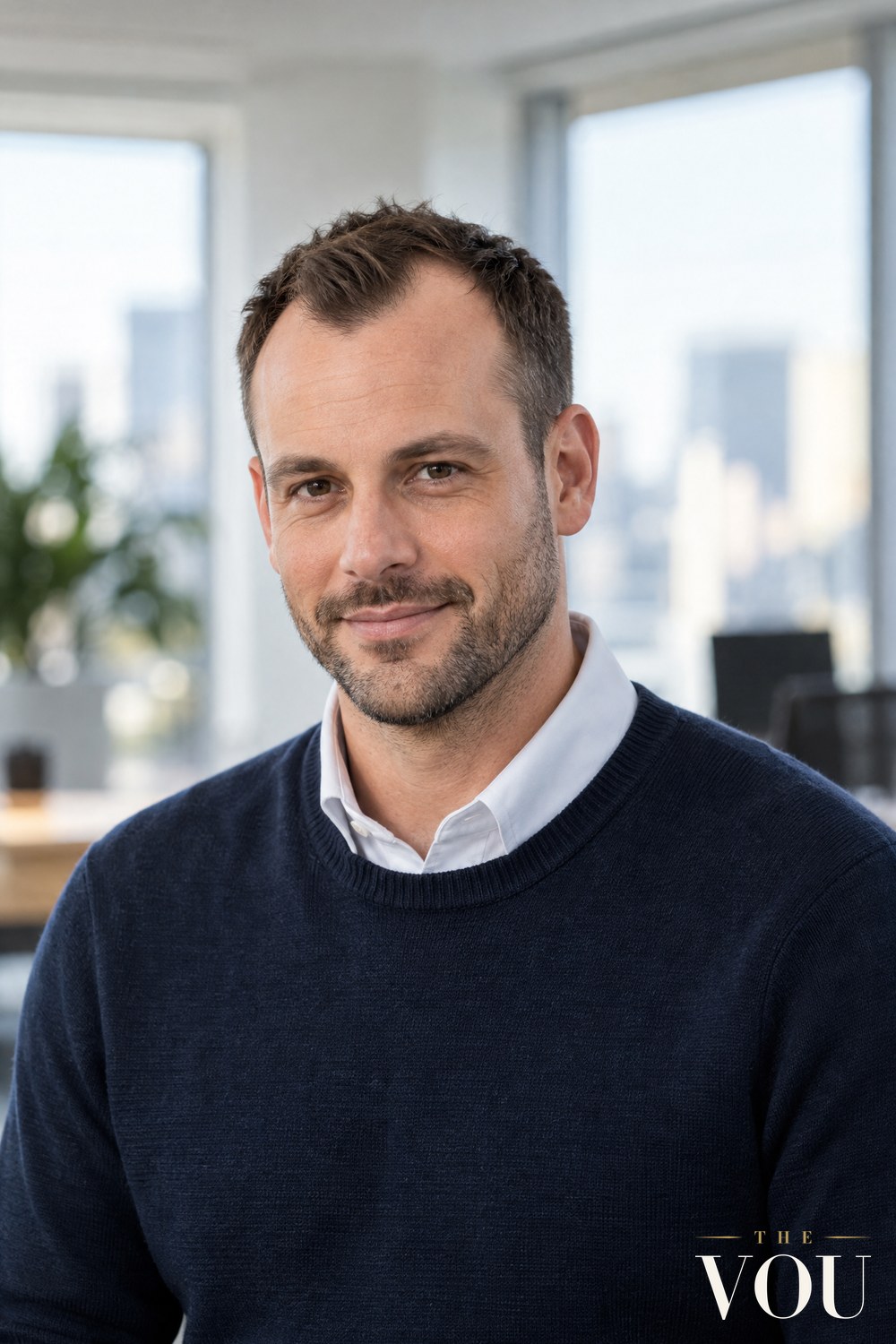 A man with a receding hairline at the temples wearing a short textured crop with clipped sides, in a bright office.