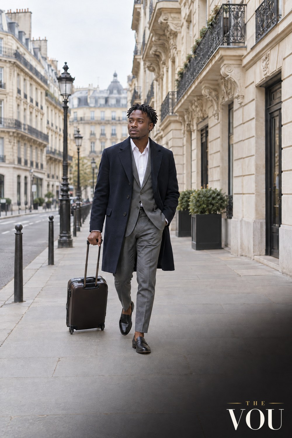 A man in a navy overcoat over a grey suit pulling a small leather suitcase along a Parisian street of stone buildings.