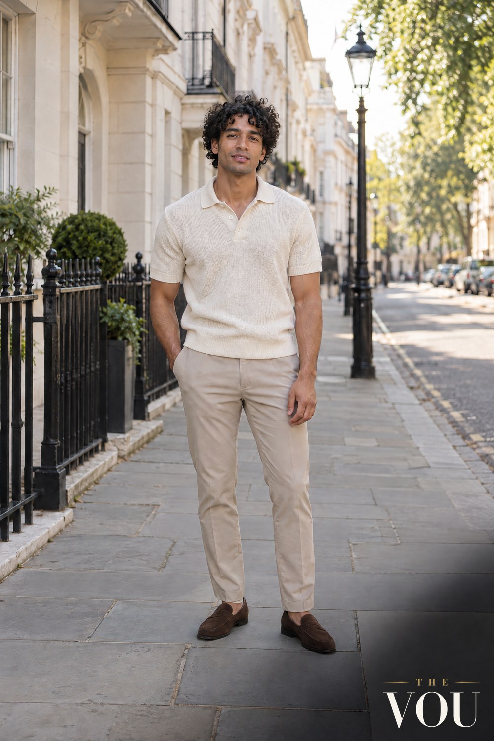 A man with medium-length defined curls in an ecru knitted polo shirt, stone chinos and brown suede loafers on a London street.
