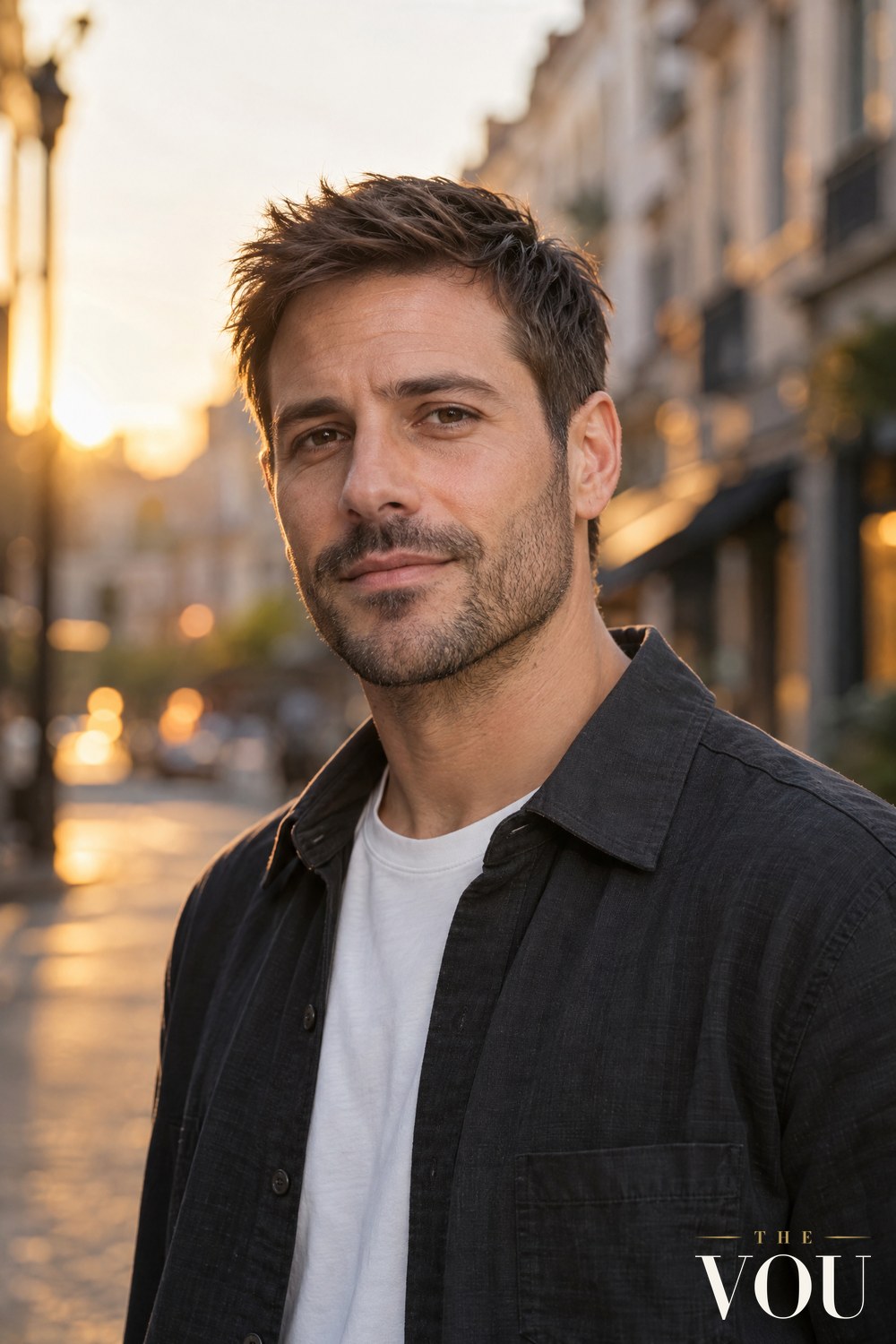A man with even designer stubble about three millimetres long and a defined neckline, on a city street at golden hour.