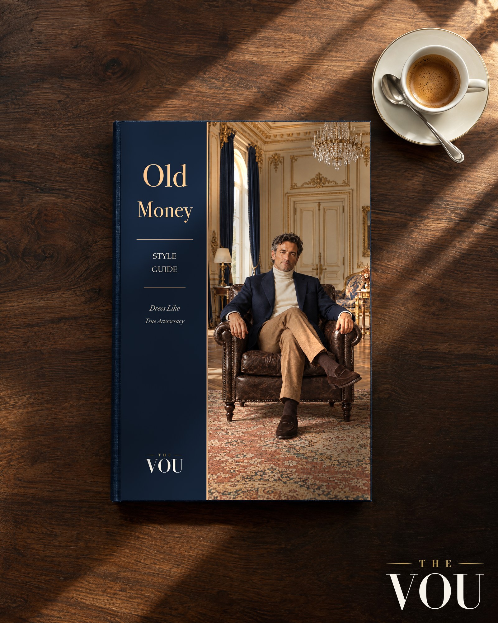 The Old Money Style Guide front cover on a walnut desk beside an espresso cup.