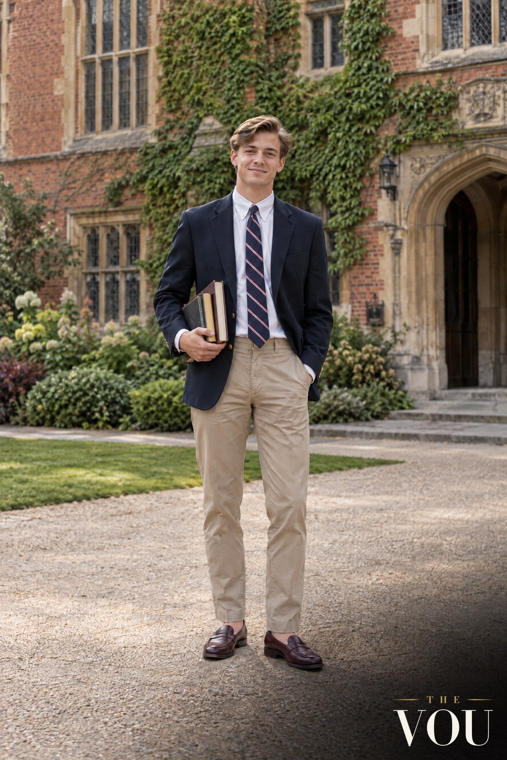 A young man in a navy blazer, oxford button-down shirt, striped repp tie, khaki chinos and burgundy penny loafers outside an ivy-covered college.