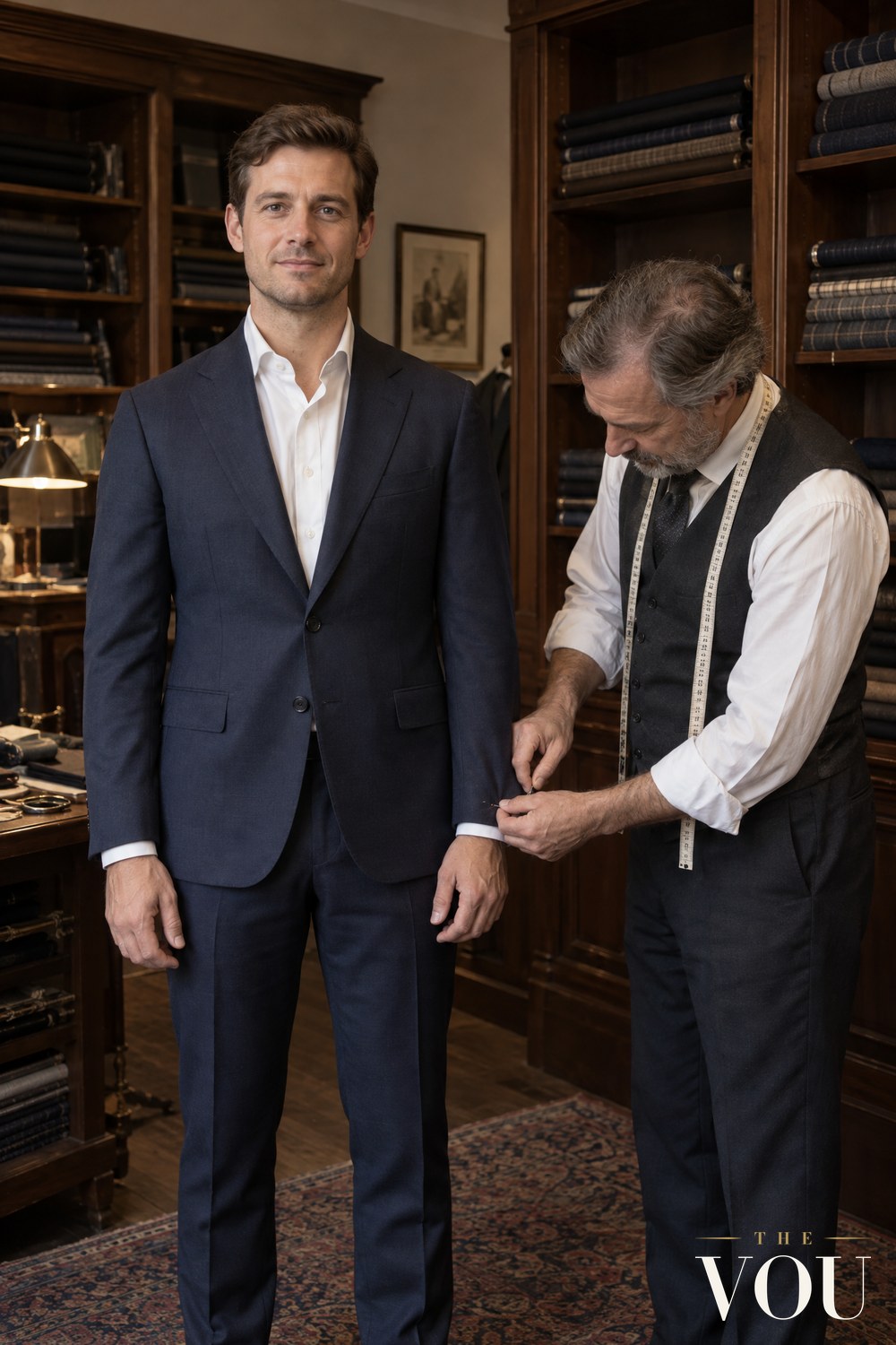 An older tailor in a waistcoat pinning the left sleeve hem of a navy suit jacket worn by a man in a white shirt, in a workroom lined with rolls of cloth.