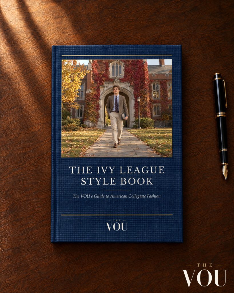Das Titelbild des Buches „The Ivy League Style Book“, von oben gesehen, auf einem sonnenbeschienenen Walnussschreibtisch, neben einem schwarz-goldenen Füllfederhalter.